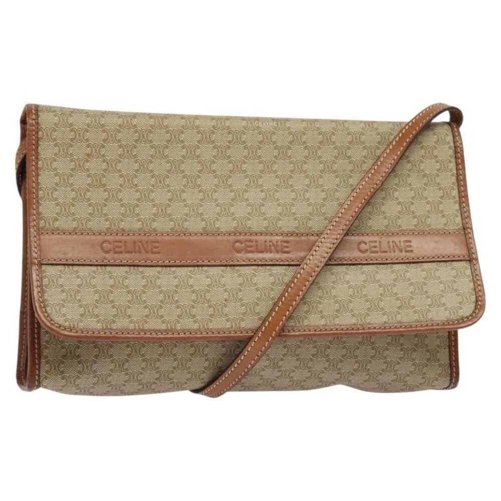Authentic CELINE Macadam Canvas Shoulder Bag Beige